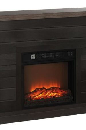 Caminetto elettrico con finitura in melaminico color legno e vetro temperato grigio.