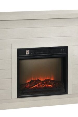 Caminetto elettrico con finitura in melaminico color legno e vetro temperato grigio.